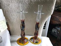 Irimiea PAINTED GLASS Abstract Candle holders SET Red Blues Golds 14Romania