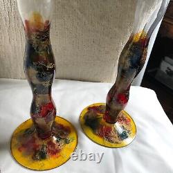 Irimiea PAINTED GLASS Abstract Candle holders SET Red Blues Golds 14Romania