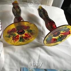 Irimiea PAINTED GLASS Abstract Candle holders SET Red Blues Golds 14Romania