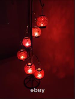 Iron Lantern, 6 Mosaic Glass Candle Holders, Orange & Red with Gold Accents