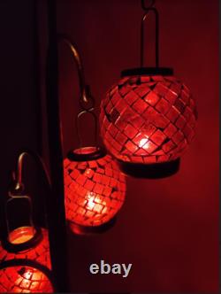 Iron Lantern, 6 Mosaic Glass Candle Holders, Orange & Red with Gold Accents