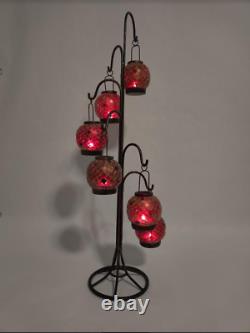 Iron Lantern, 6 Mosaic Glass Candle Holders, Orange & Red with Gold Accents