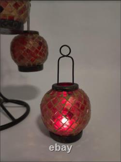 Iron Lantern, 6 Mosaic Glass Candle Holders, Orange & Red with Gold Accents