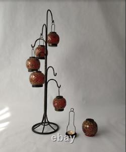 Iron Lantern, 6 Mosaic Glass Candle Holders, Orange & Red with Gold Accents