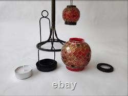 Iron Lantern, 6 Mosaic Glass Candle Holders, Orange & Red with Gold Accents