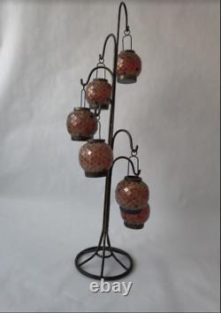 Iron Lantern, 6 Mosaic Glass Candle Holders, Orange & Red with Gold Accents