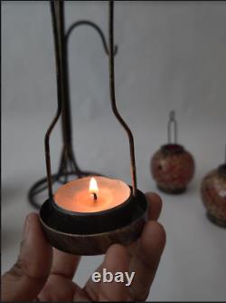 Iron Lantern, 6 Mosaic Glass Candle Holders, Orange & Red with Gold Accents