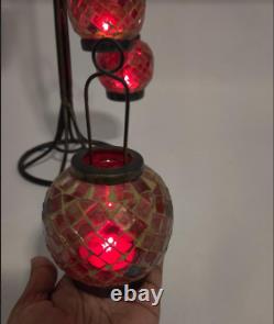 Iron Lantern, 6 Mosaic Glass Candle Holders, Orange & Red with Gold Accents