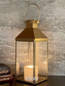 Iron and Glass Lantern and Candle Tealight Holder for Home Office Decor Golden