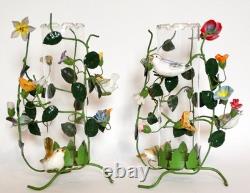 Italian Flower Tole Candle Holders With Birds & Glass Hurricane Globes Pair