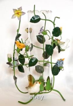 Italian Flower Tole Candle Holders With Birds & Glass Hurricane Globes Pair