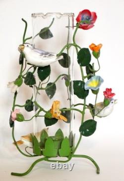 Italian Flower Tole Candle Holders With Birds & Glass Hurricane Globes Pair