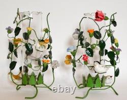 Italian Flower Tole Candle Holders With Birds & Glass Hurricane Globes Pair