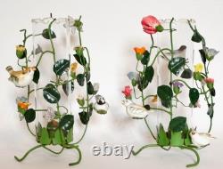 Italian Flower Tole Candle Holders With Birds & Glass Hurricane Globes Pair
