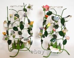 Italian Flower Tole Candle Holders With Birds & Glass Hurricane Globes Pair