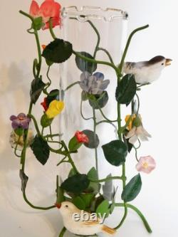 Italian Flower Tole Candle Holders With Birds & Glass Hurricane Globes Pair