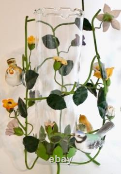 Italian Flower Tole Candle Holders With Birds & Glass Hurricane Globes Pair