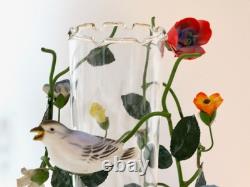 Italian Flower Tole Candle Holders With Birds & Glass Hurricane Globes Pair