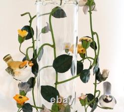 Italian Flower Tole Candle Holders With Birds & Glass Hurricane Globes Pair