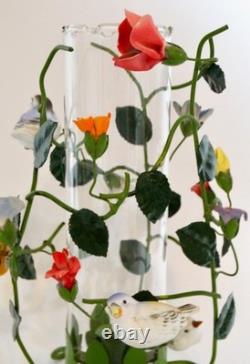 Italian Flower Tole Candle Holders With Birds & Glass Hurricane Globes Pair
