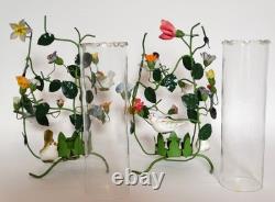 Italian Flower Tole Candle Holders With Birds & Glass Hurricane Globes Pair