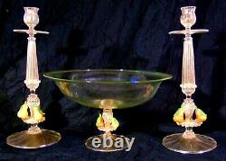 Italian Italy Venetian Art Glass Console Set Bowl Candle Stands Applied Fruit