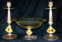 Italian Italy Venetian Art Glass Console Set Bowl Candle Stands Applied Fruit