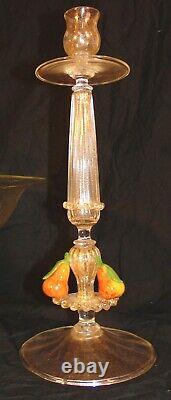 Italian Italy Venetian Art Glass Console Set Bowl Candle Stands Applied Fruit