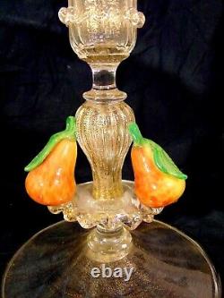 Italian Italy Venetian Art Glass Console Set Bowl Candle Stands Applied Fruit