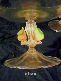 Italian Italy Venetian Art Glass Console Set Bowl Candle Stands Applied Fruit