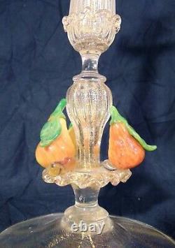 Italian Italy Venetian Art Glass Console Set Bowl Candle Stands Applied Fruit