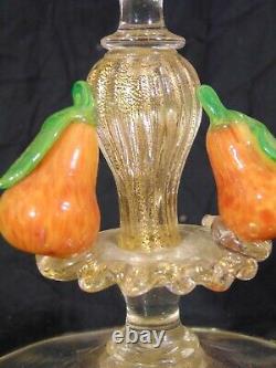 Italian Italy Venetian Art Glass Console Set Bowl Candle Stands Applied Fruit