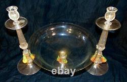 Italian Italy Venetian Art Glass Console Set Bowl Candle Stands Applied Fruit