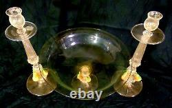 Italian Italy Venetian Art Glass Console Set Bowl Candle Stands Applied Fruit