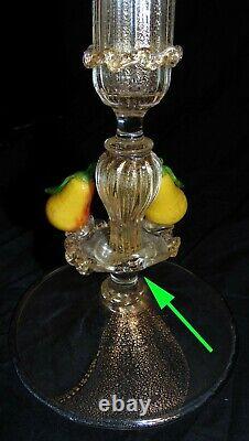 Italian Italy Venetian Art Glass Console Set Bowl Candle Stands Applied Fruit