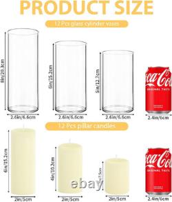 Ivory Pillar Candles & Glass Vases Set for Weddings & Events 12 Pack