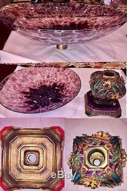 JAY STRONGWATER Large Burgundy Glass Bowl Swarovski Crystal Floral HEAVY Base