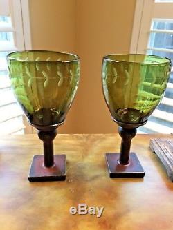 Jan Barboglio Laurel Sage Etched Glass/Bronze Chalice Candle Holders SET of 2