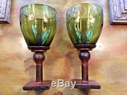 Jan Barboglio Laurel Sage Etched Glass/Bronze Chalice Candle Holders SET of 2