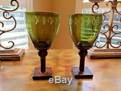 Jan Barboglio Laurel Sage Etched Glass/Bronze Chalice Candle Holders SET of 2