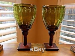 Jan Barboglio Laurel Sage Etched Glass/Bronze Chalice Candle Holders SET of 2