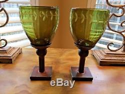 Jan Barboglio Laurel Sage Etched Glass/Bronze Chalice Candle Holders SET of 2