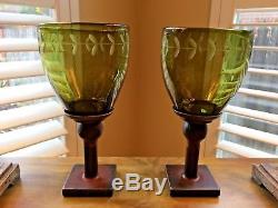 Jan Barboglio Laurel Sage Etched Glass/Bronze Chalice Candle Holders SET of 2