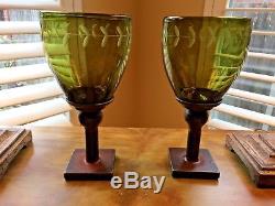 Jan Barboglio Laurel Sage Etched Glass/Bronze Chalice Candle Holders SET of 2