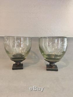 Jan Barboglio set of 2 Hand Hammered Iron Metal Candle Holders Etched Glass