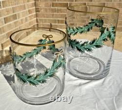 Jeweled Christmas Candle Holders Set of 2 Rhinestone Bow Garland Glass NEW