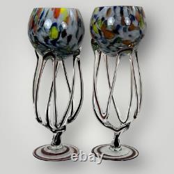 Josefina Krosno Style Art Glass Candle Holders Pair 12 Jellyfish Octopus Poland