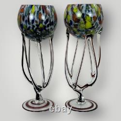 Josefina Krosno Style Art Glass Candle Holders Pair 12 Jellyfish Octopus Poland