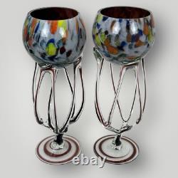 Josefina Krosno Style Art Glass Candle Holders Pair 12 Jellyfish Octopus Poland