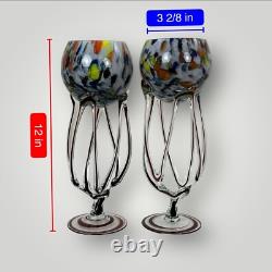 Josefina Krosno Style Art Glass Candle Holders Pair 12 Jellyfish Octopus Poland